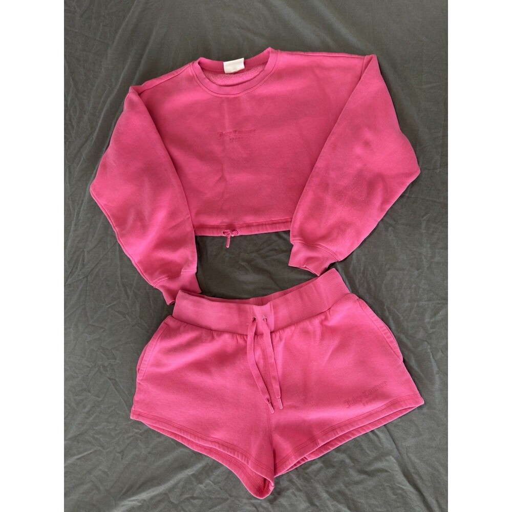 Juicy Couture Sport Pink 2-Piece Fleece Logo Cropped Sweatshirt Shorts Sz Large